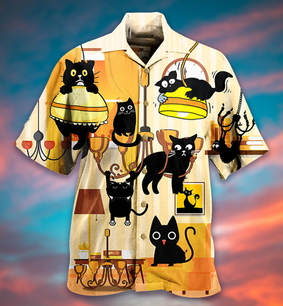 Black Cat Yellow Dinner Style - Hawaiian Shirt - Owls Matrix LTD