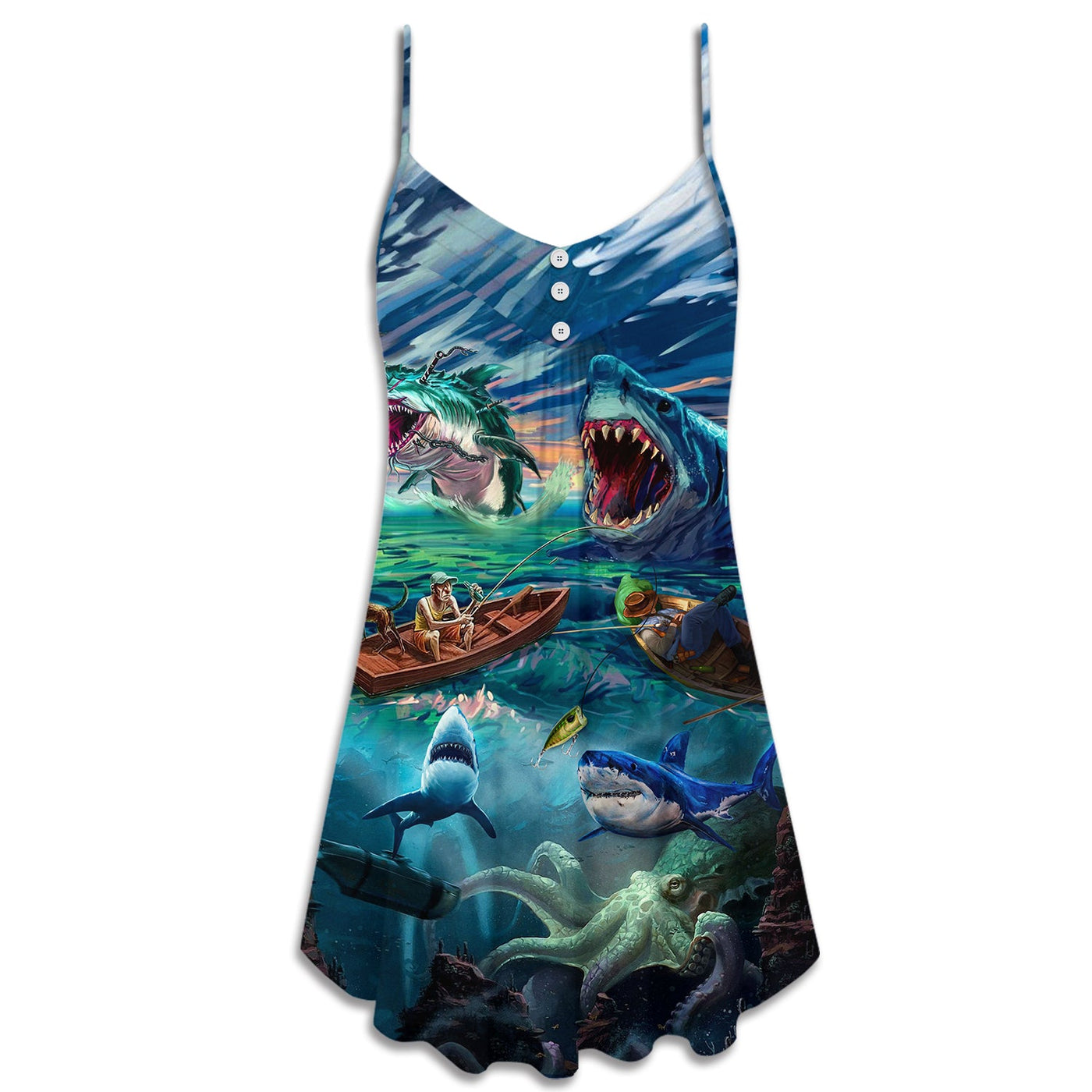Fishing Shark Crazy Art Style - V-neck Sleeveless Cami Dress - Owls Matrix LTD