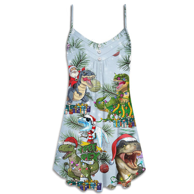 Christmas Dinosaurs And Merry Xmas - V-neck Sleeveless Cami Dress - Owls Matrix LTD