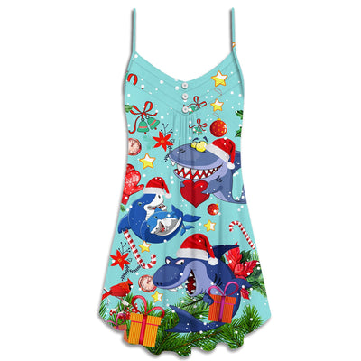 Christmas Funny Shark Love Christmas - V-neck Sleeveless Cami Dress - Owls Matrix LTD