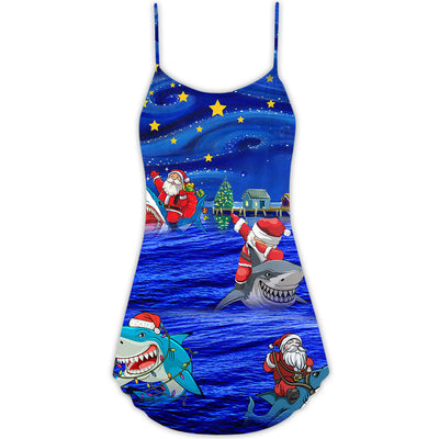 Shark And Santa Funny Merry Christmas - V-neck Sleeveless Cami Dress - Owls Matrix LTD