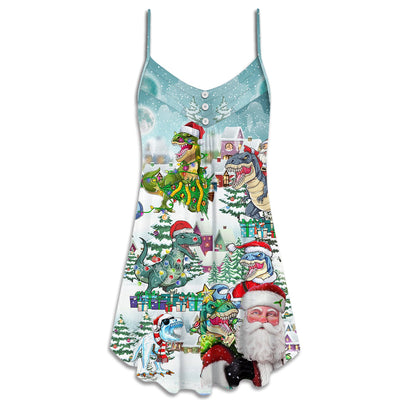 Christmas Have A Roarsome Funny Santa Claus - V-neck Sleeveless Cami Dress - Owls Matrix LTD