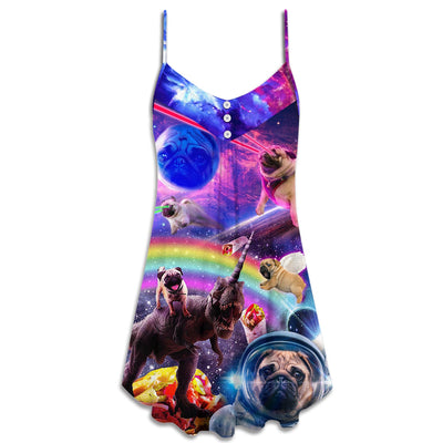 Pug Dog Galaxy Rainbow Star T-Rex Style - V-neck Sleeveless Cami Dress - Owls Matrix LTD