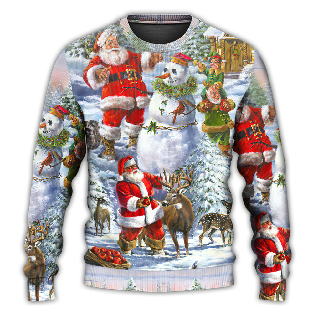 Christmas Sweater / S Christmas Santa Claus Snowman Elf So Happy Art Style - Sweater - Ugly Christmas Sweaters - Owls Matrix LTD