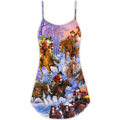 Christmas Santa And Horse Ho Ho Ho Everywhere Merry Xmas - V-neck Sleeveless Cami Dress - Owls Matrix LTD