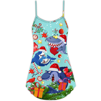 Christmas Funny Shark Love Christmas - V-neck Sleeveless Cami Dress - Owls Matrix LTD