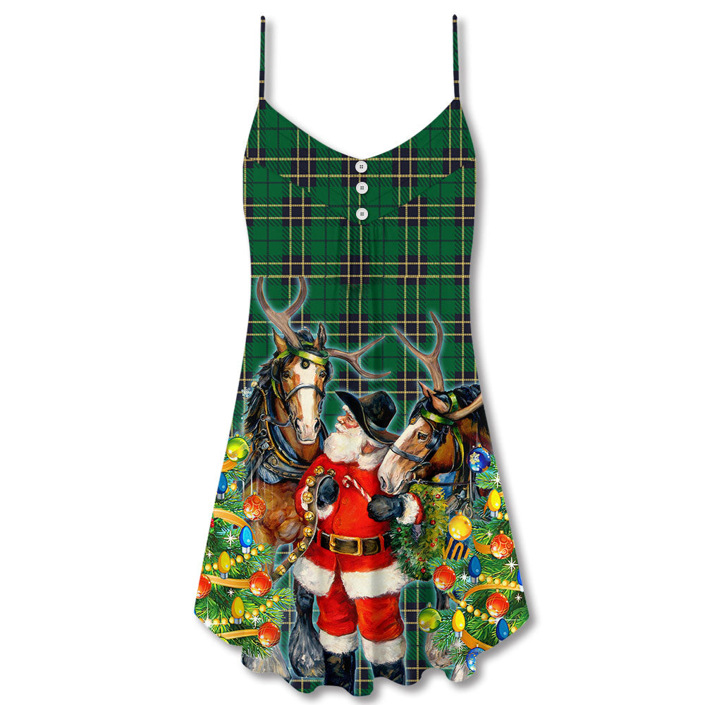 Santa Cowboy Christmas Green Style - V-neck Sleeveless Cami Dress - Owls Matrix LTD