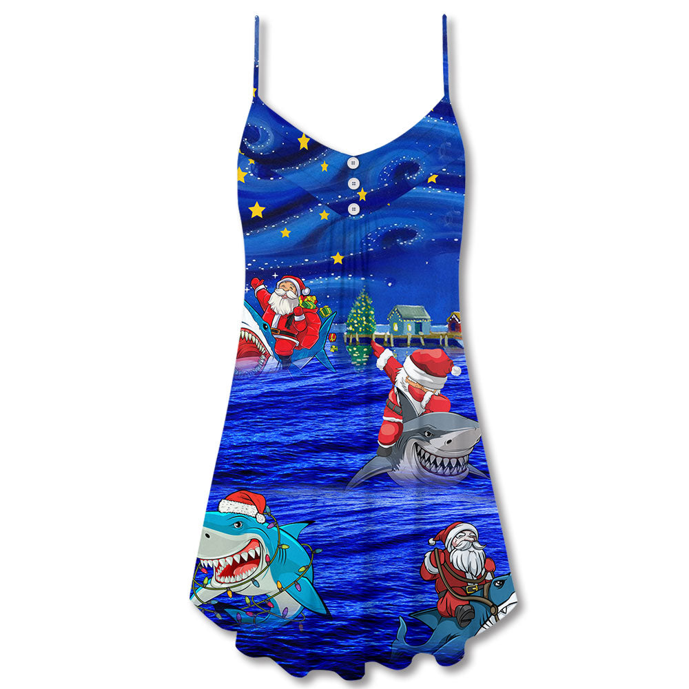 Shark And Santa Funny Merry Christmas - V-neck Sleeveless Cami Dress - Owls Matrix LTD