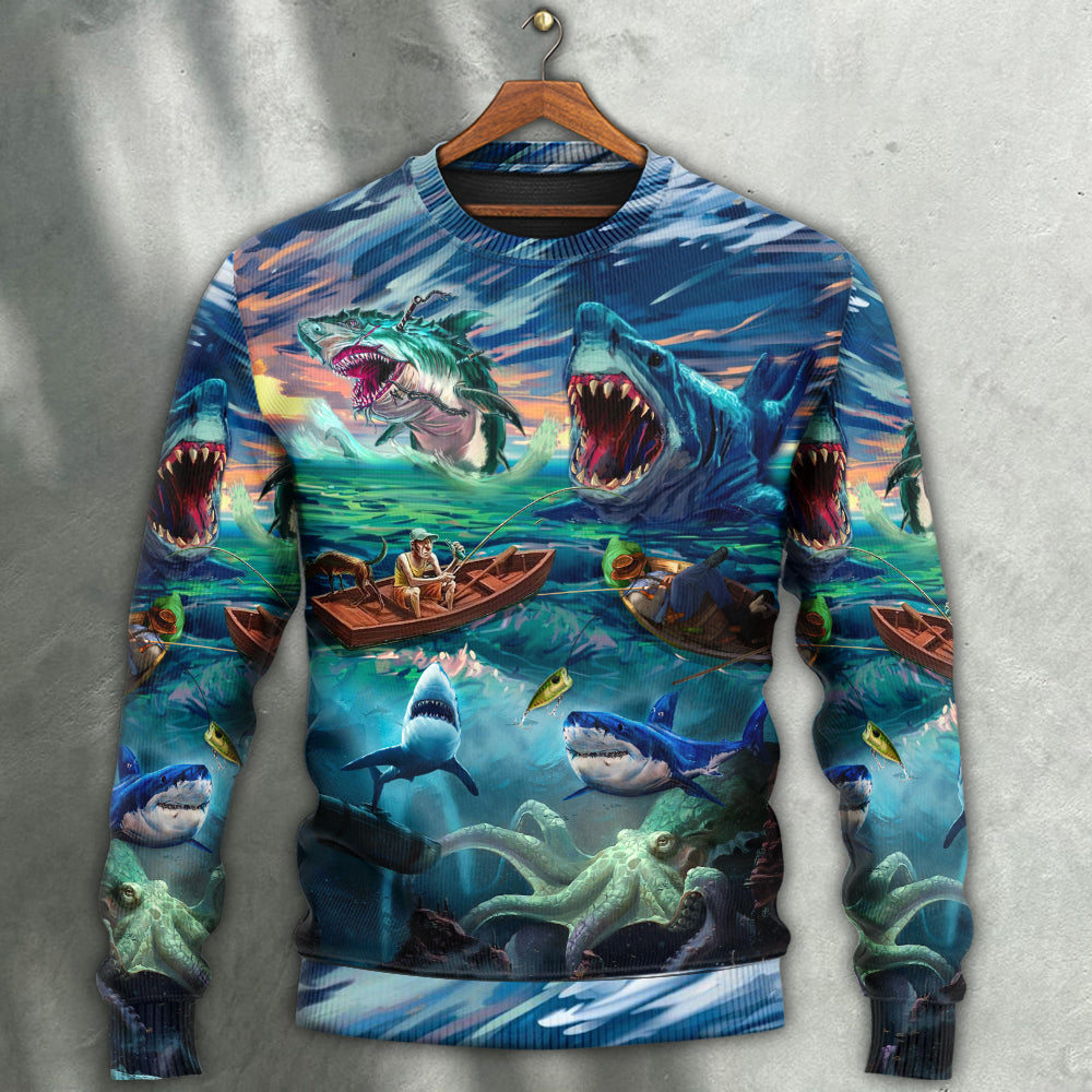 Fishing Shark Crazy Art Style - Sweater - Ugly Christmas Sweaters - Owls Matrix LTD