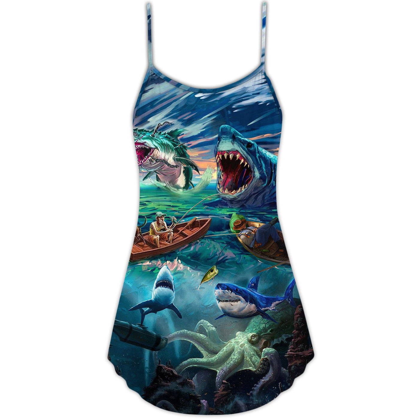Fishing Shark Crazy Art Style - V-neck Sleeveless Cami Dress - Owls Matrix LTD