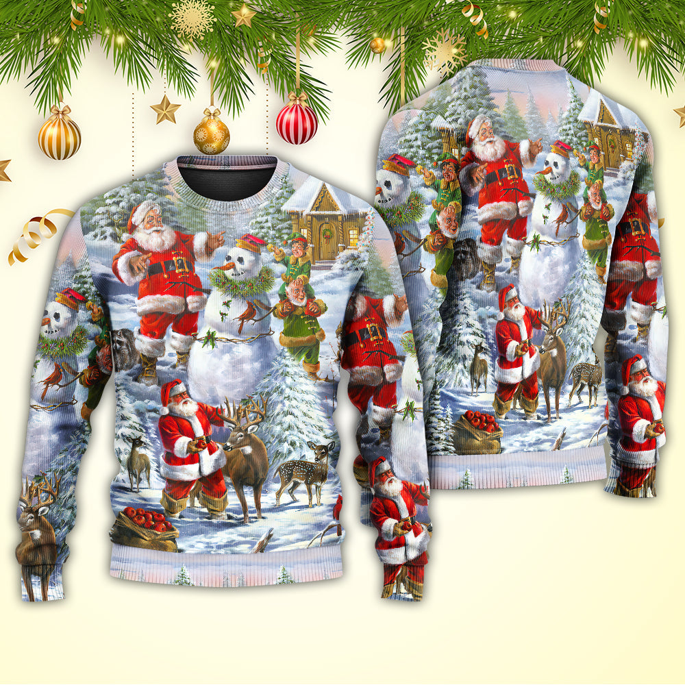 Christmas Santa Claus Snowman Elf So Happy Art Style - Sweater - Ugly Christmas Sweaters - Owls Matrix LTD