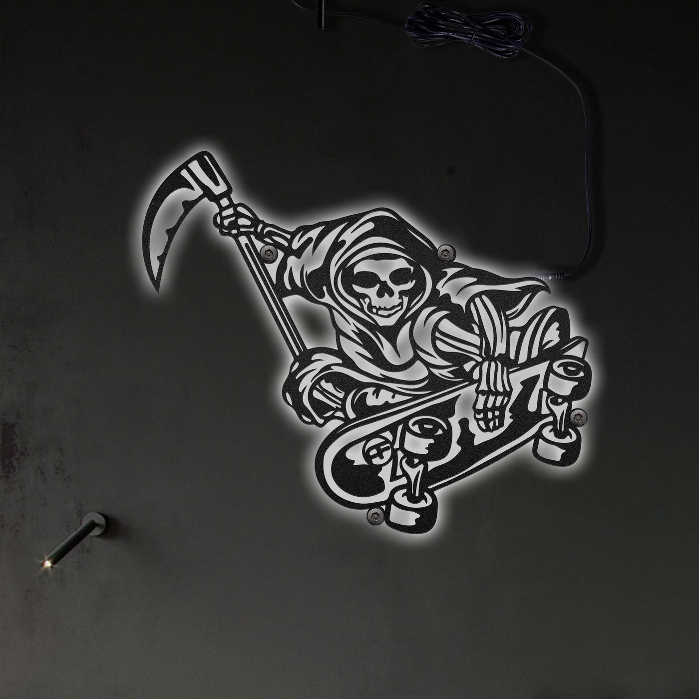 12"x12" Skull Grim Reaper Skateboardinng - Led Light Metal - Owls Matrix LTD