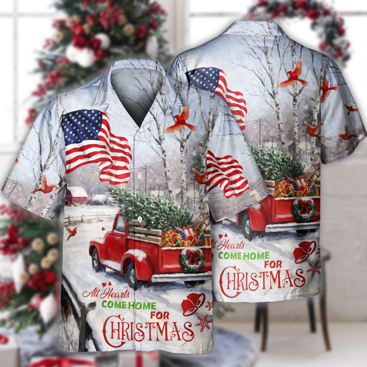 Truck All Hearts Come Home For Christmas Truck With Cardinal And Snow - Hawaiian Shirt - Owls Matrix LTD