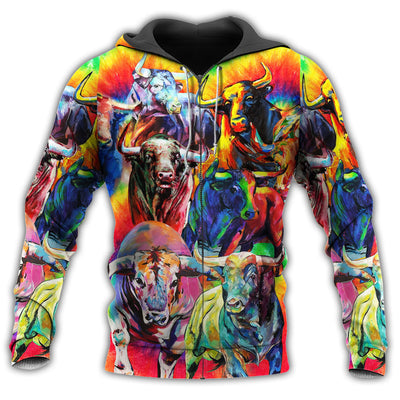 Zip Hoodie / S Bull Animals Colorful Bulls With Beautiful Painting - Hoodie - Owls Matrix LTD