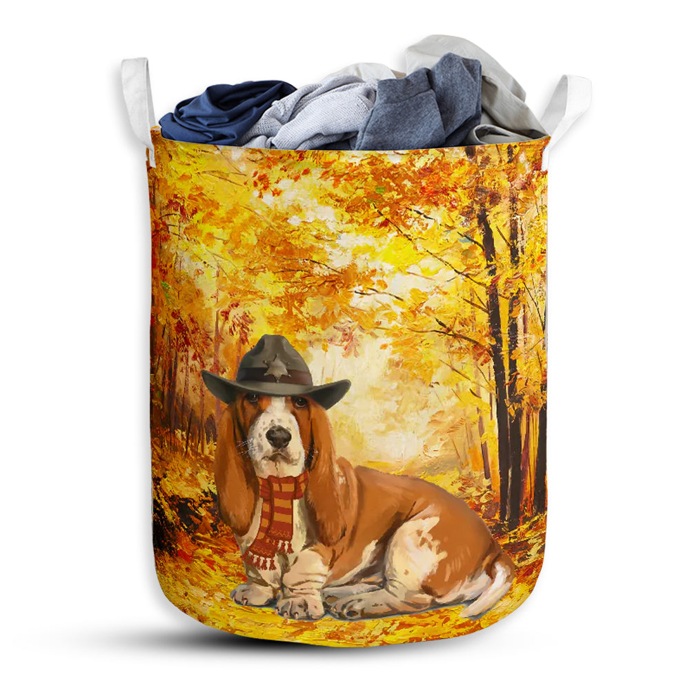 S: 17.72”x13.78” (45x35 cm) Basset Hound Dog Autumn Dreamy - Laundry Basket - Owls Matrix LTD