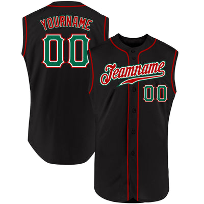 Custom Black Kelly Green-Red Authentic Sleeveless Baseball Jersey