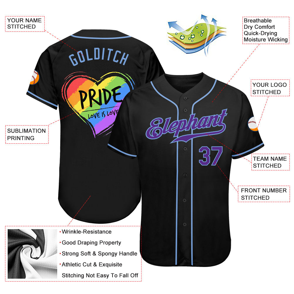 Custom Black Purple-Light Blue Rainbow Colored Heart For Pride Love Is Love LGBT Authentic Baseball Jersey - Owls Matrix LTD