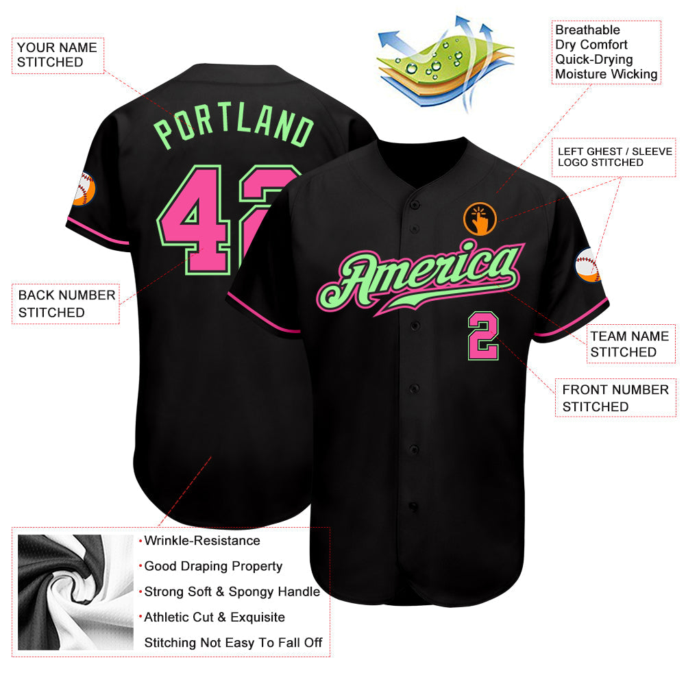 Custom Black Pink-Pea Green Authentic Baseball Jersey - Owls Matrix LTD