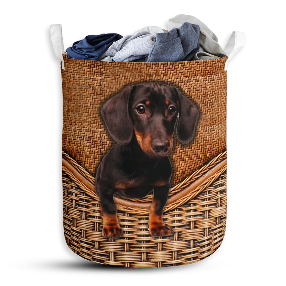 S: 17.72”x13.78” (45x35 cm) Black Tan Dachshund Dog Rattan Teaxture - Laundry Basket - Owls Matrix LTD