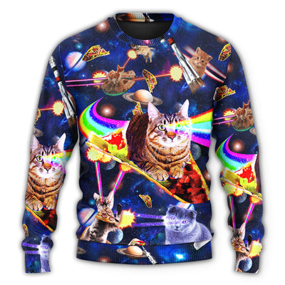 Christmas Sweater / S Cat Ride Food In Space - Sweater - Ugly Christmas Sweaters - Owls Matrix LTD