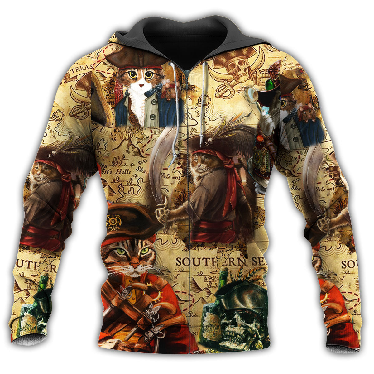 Zip Hoodie / S Cat Pirates Cool With Traditional Style - Hoodie - Owls Matrix LTD