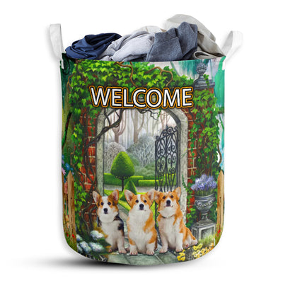 Corgi Welcome Green Garden - Laundry Basket - Owls Matrix LTD