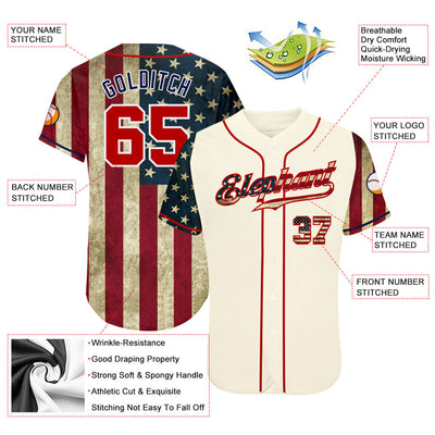 Custom Cream Red-Navy 3D American Flag Authentic Baseball Jersey - Owls Matrix LTD