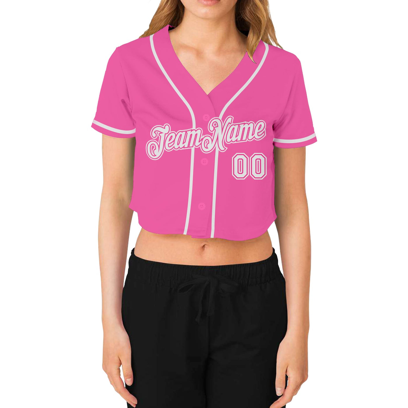 Custom Women's Pink White V-Neck Cropped Baseball Jersey - Owls Matrix LTD
