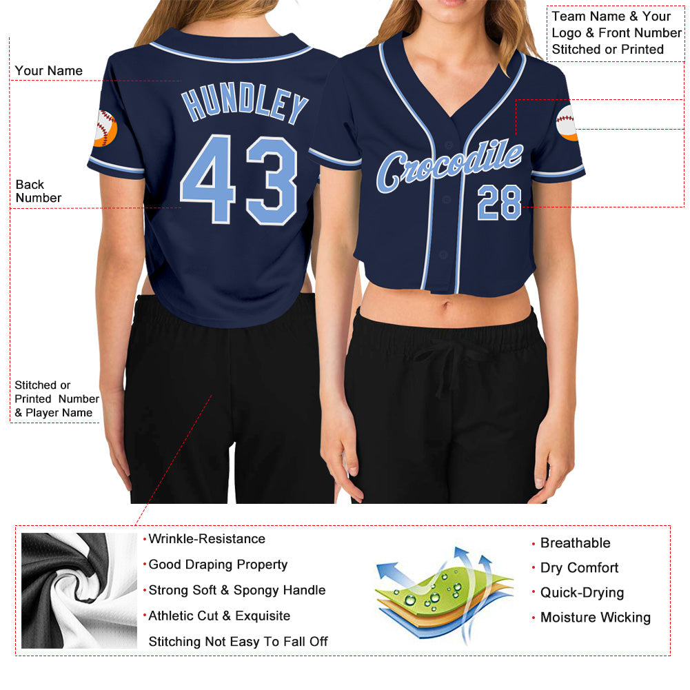 Custom Women's Navy Light Blue-White V-Neck Cropped Baseball Jersey - Owls Matrix LTD