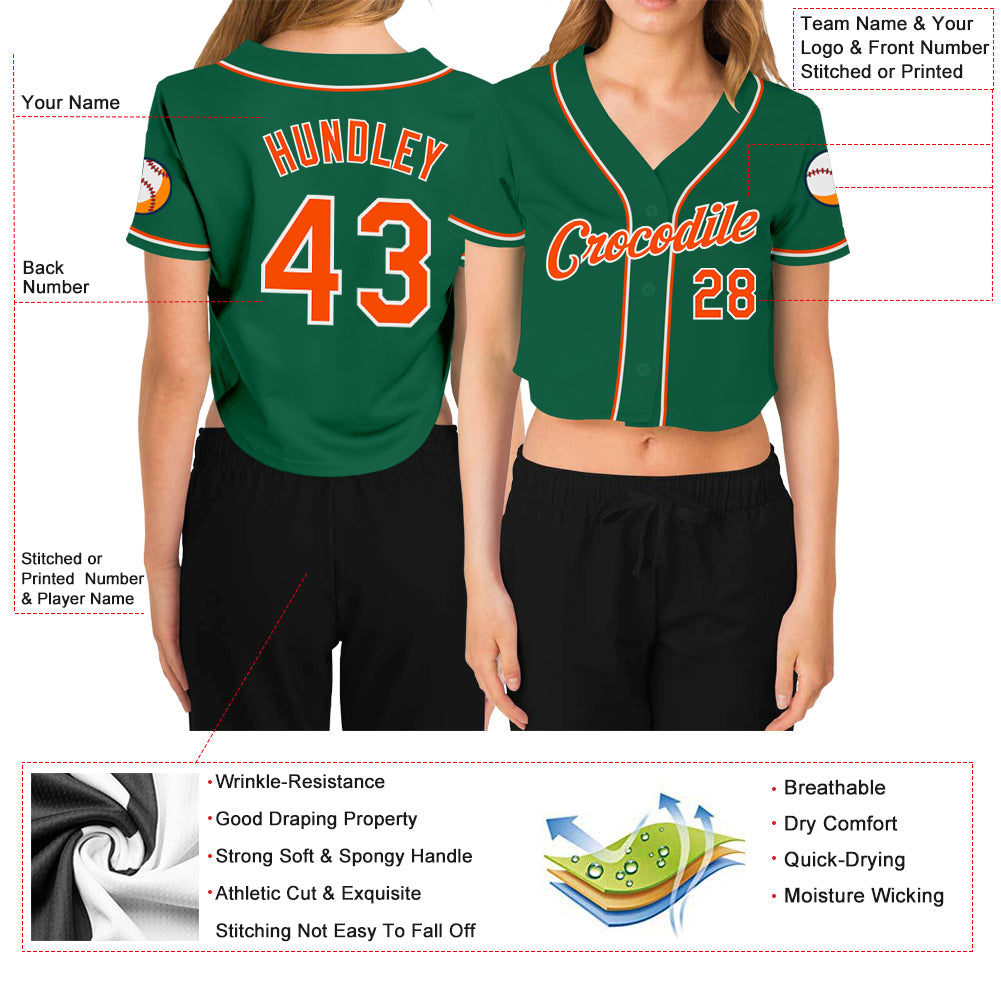 Custom Women's Kelly Green Orange-White V-Neck Cropped Baseball Jersey - Owls Matrix LTD