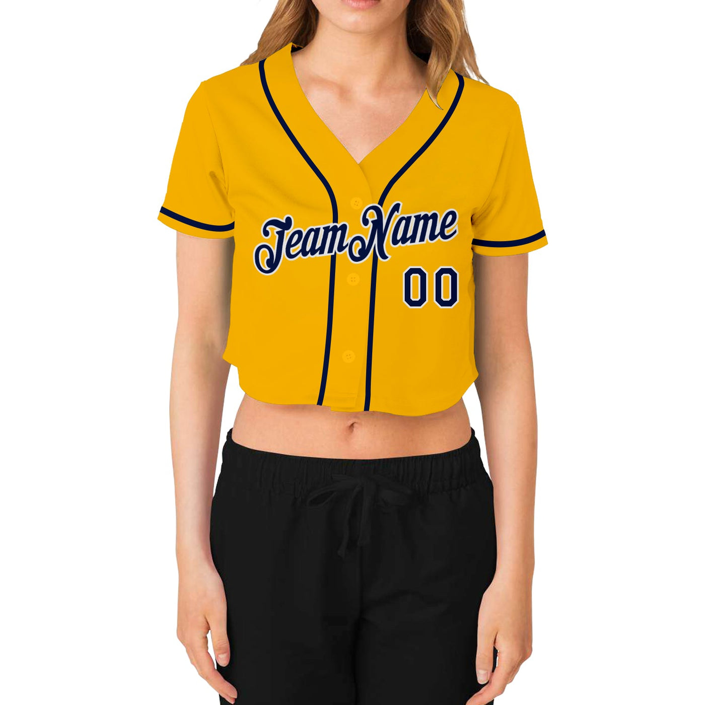 Custom Women's Gold Navy-White V-Neck Cropped Baseball Jersey - Owls Matrix LTD