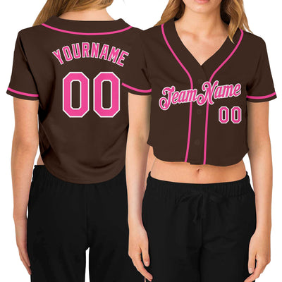 Custom Women's Brown Pink-White V-Neck Cropped Baseball Jersey - Owls Matrix LTD