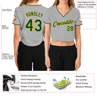Custom Women's Gray Green-Gold V-Neck Cropped Baseball Jersey - Owls Matrix LTD