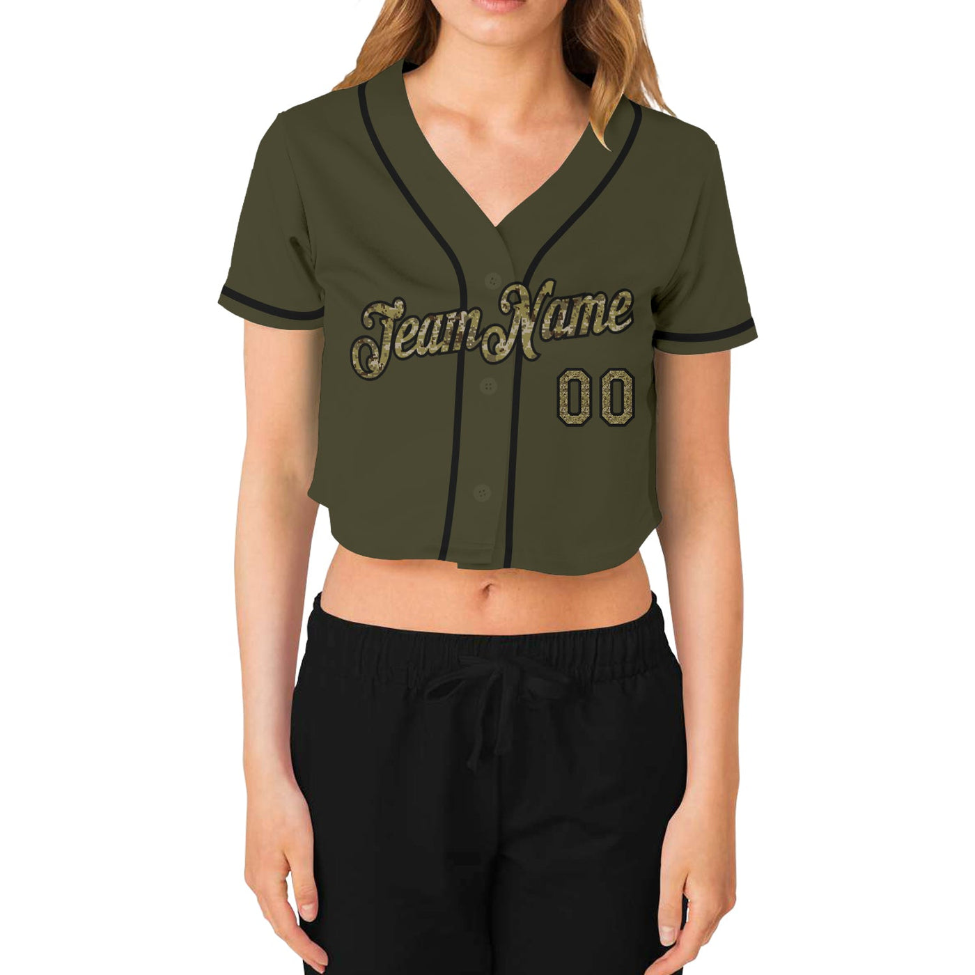 Custom Women's Olive Camo-Black Salute To Service V-Neck Cropped Baseball Jersey - Owls Matrix LTD