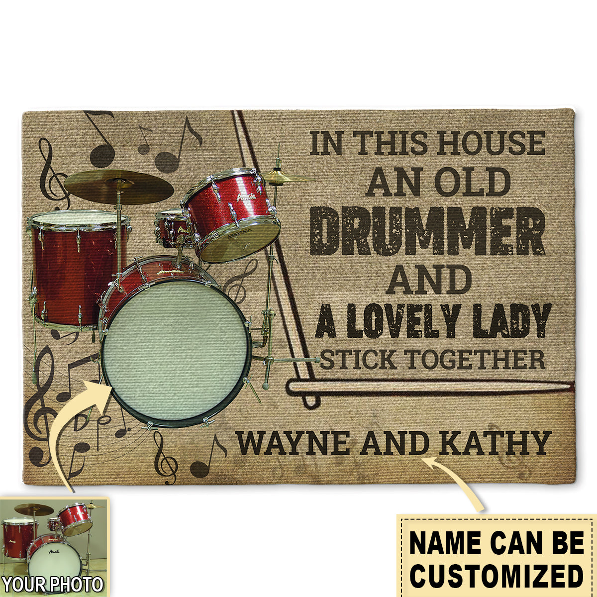 S ( 16X24 INCHES ) Drum An Old Drummer And A Lovely Lady Drum Vintage Custom Photo Personalized - Doormat - Owls Matrix LTD
