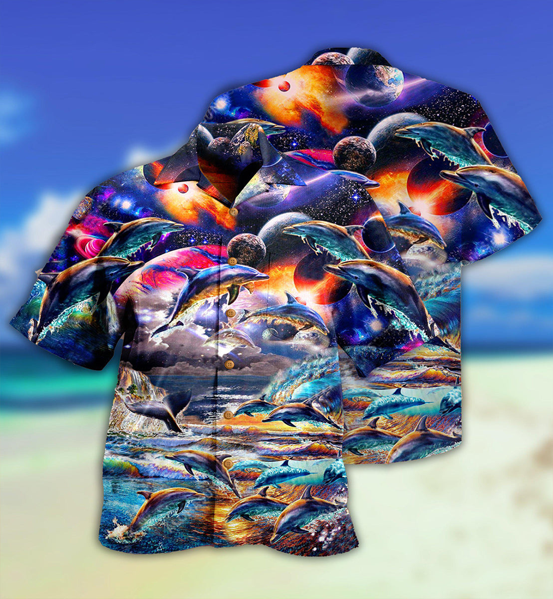 Dolphin Into The Mysterious Galaxy - Hawaiian Shirt - Owls Matrix LTD
