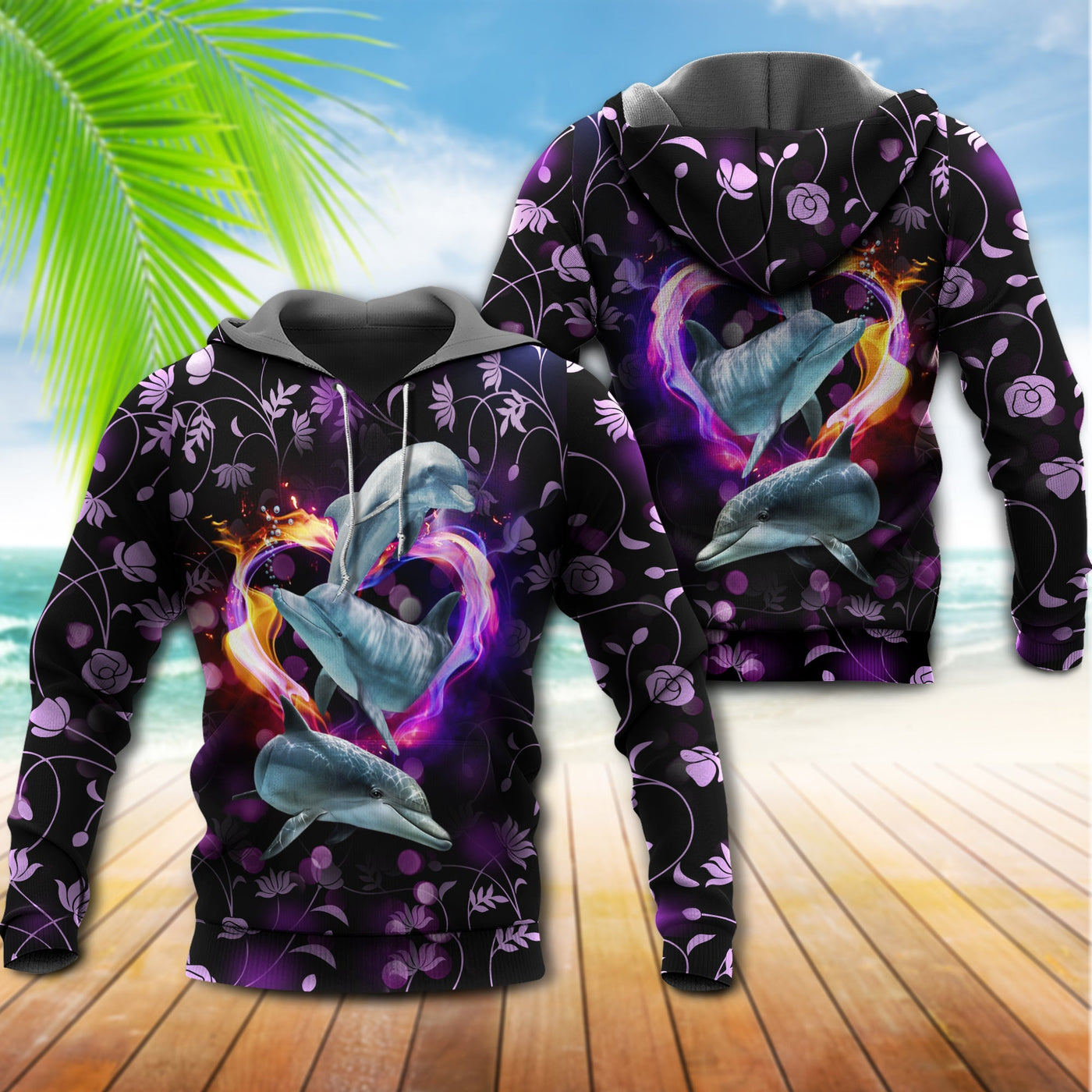 Dolphin Love Sea Purple Style With Heart - Hoodie - Owls Matrix LTD