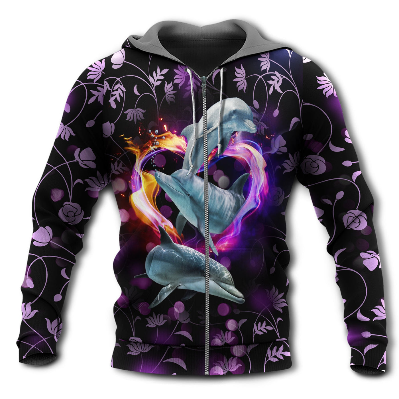 Zip Hoodie / S Dolphin Love Sea Purple Style With Heart - Hoodie - Owls Matrix LTD