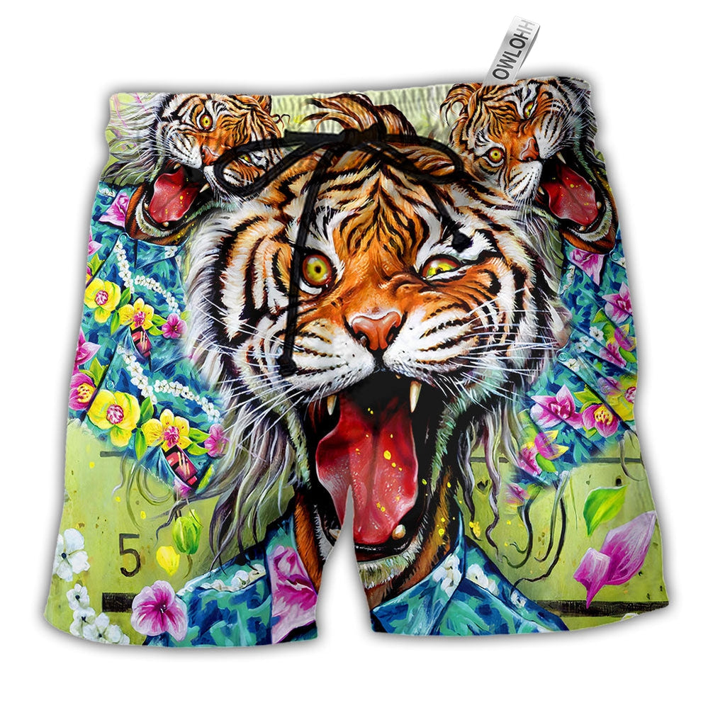 Beach Short / Adults / S Tiger Awesome With Floral - Beach Short - Owls Matrix LTD