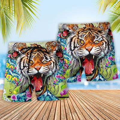 Tiger Awesome With Floral - Beach Short - Owls Matrix LTD