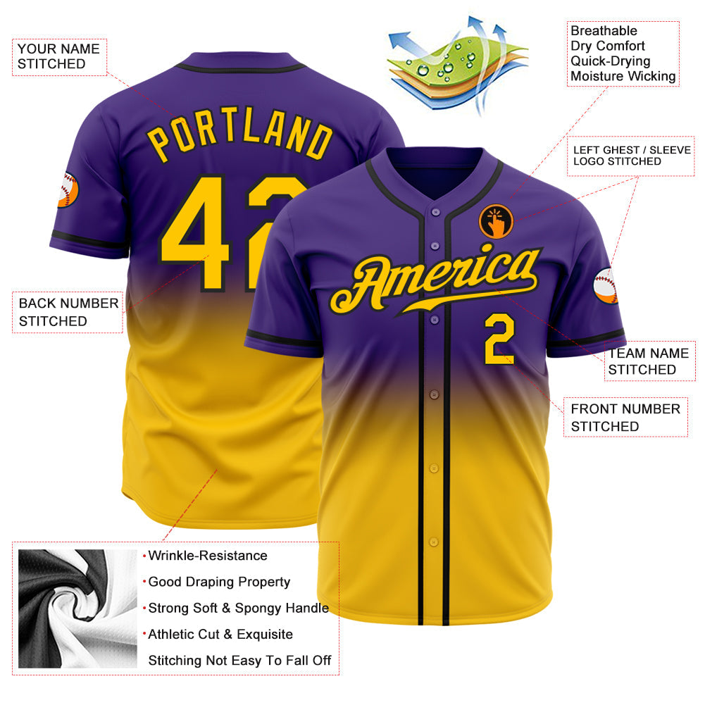 Custom Purple Gold-Black Authentic Fade Fashion Baseball Jersey - Owls Matrix LTD