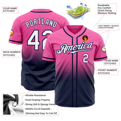 Custom Pink White-Navy Authentic Fade Fashion Baseball Jersey - Owls Matrix LTD