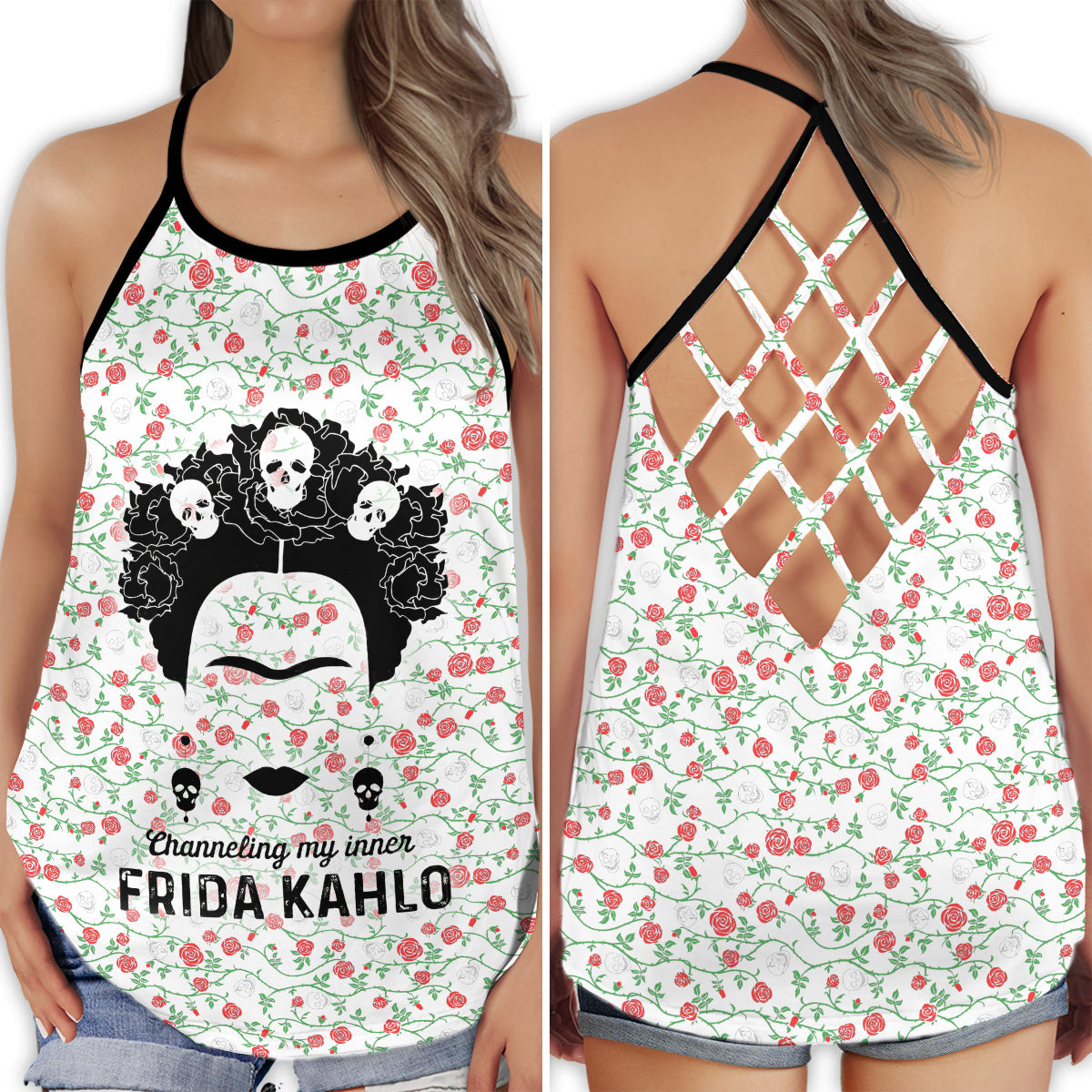 S Frida Kahlo Loves Peace Life Floral - Cross Open Back Tank Top - Owls Matrix LTD