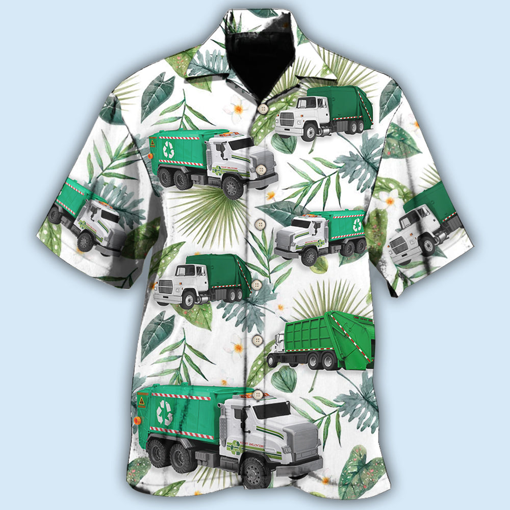 Truck Garbage Truck Tropical Green Leaf - Hawaiian Shirt - Owls Matrix LTD