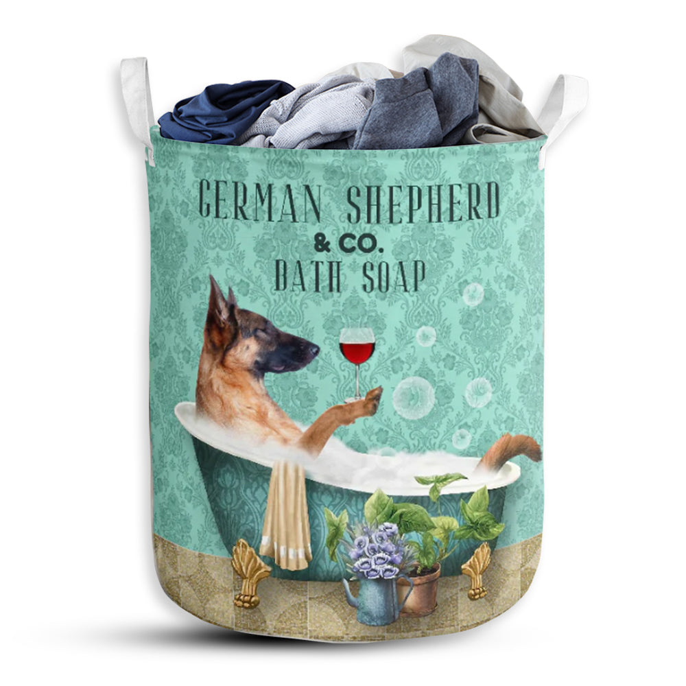 German Shepherd And Bath Soap - Laundry Basket - Owls Matrix LTD