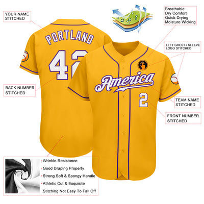 Custom Gold White-Purple Authentic Baseball Jersey - Owls Matrix LTD