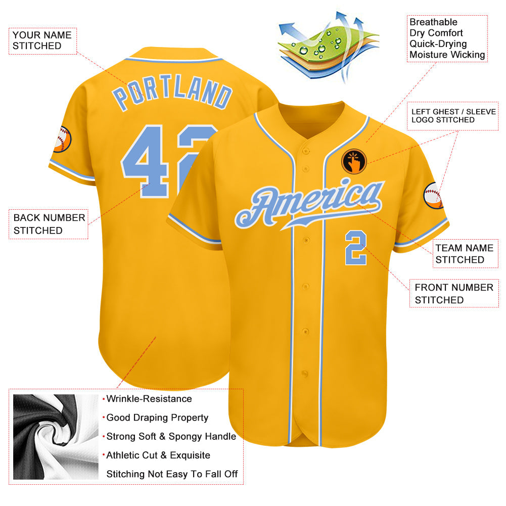 Custom Gold Light Blue-White Authentic Baseball Jersey - Owls Matrix LTD