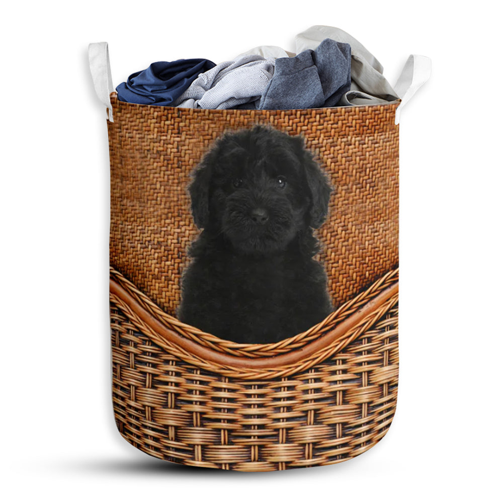Goldendoodle Black Dog Rattan Teaxture - Laundry Basket - Owls Matrix LTD