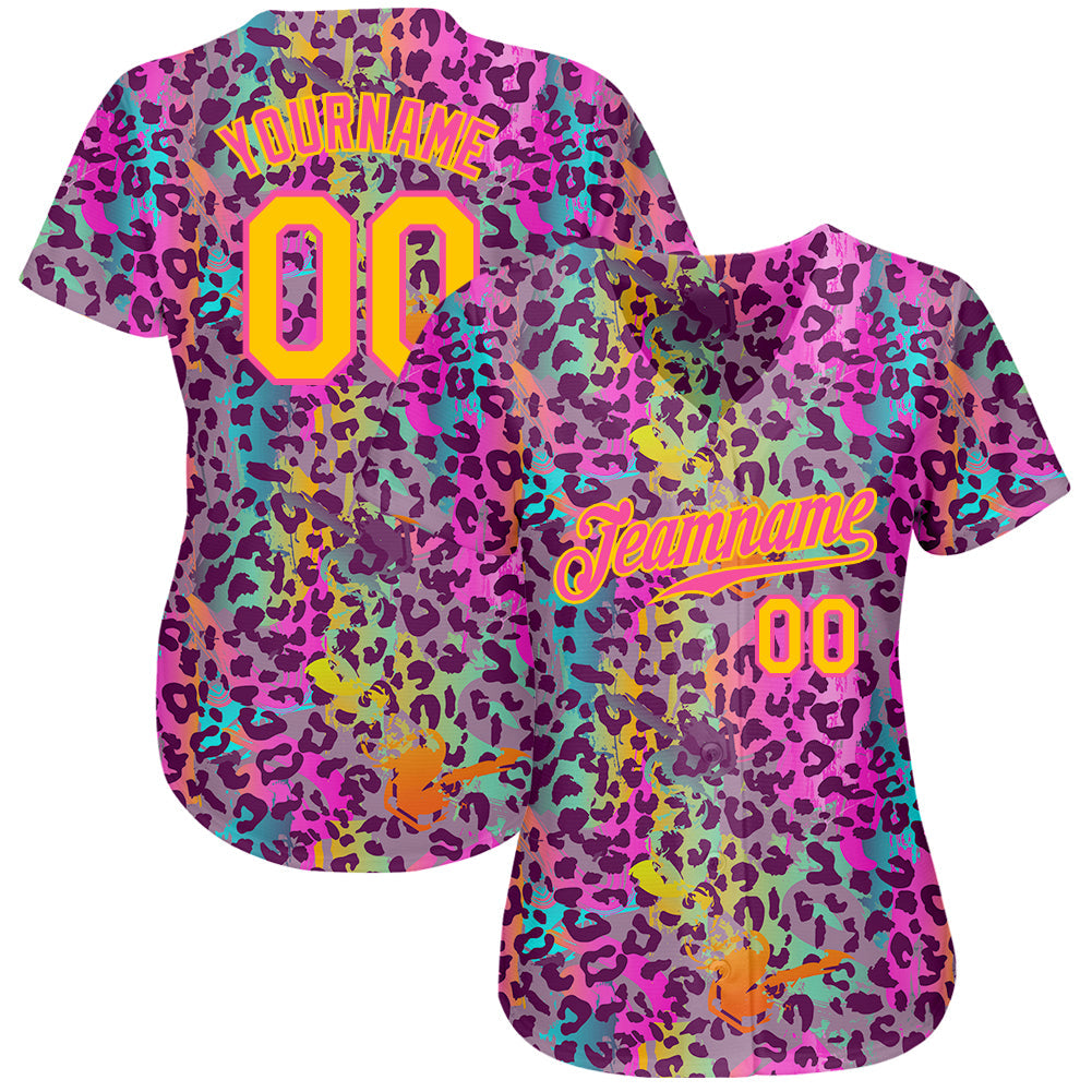 Custom Graffiti Pattern Gold-Pink 3D Colorful Leopard Authentic Baseball Jersey - Owls Matrix LTD