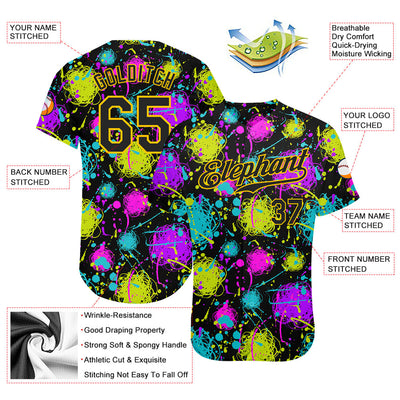 Custom Graffiti Pattern Black-Gold 3D Neon Splatter Authentic Baseball Jersey - Owls Matrix LTD